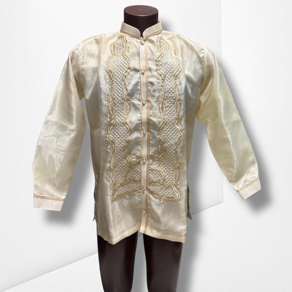 Embroidered Beige Silk Barong Tagalog Filipino Shirt Mens Formal Medium - Picture 1 of 7